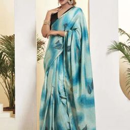 Satrani Blue Printed Saree With Unstitched Blouse-image-55