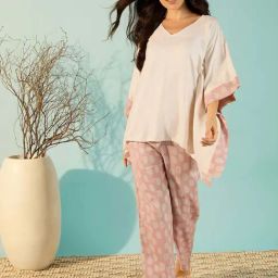 The Kaftan Company Peach Plain Kaftan Top Pyjamas Set-image-7