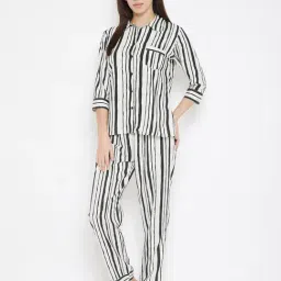 Clovia White & Black Striped Shirt With Pyjamas-image-69