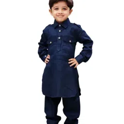 VASTRAMAY Kids Navy Cotton Pathani Kurta Set-image-93