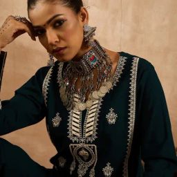 Indo Era Teal Regular Fit Embroidered Kurta-image-54