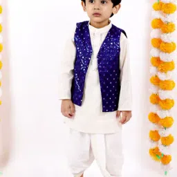 Little Bansi Kids Blue & White Cotton Embellished Kurta Set-image-81