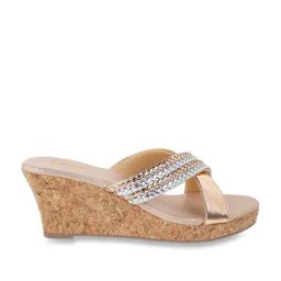 Mochi Women's Rose Gold Cross Strap Wedges-image-103