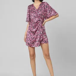 Only Pink Floral Print Wrap A Line Dress-image-78