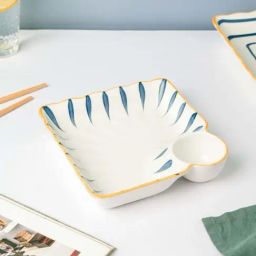 Nestasia microwave safe Teardrop White and Blue Nitori Ceramic Square Plate with dip Section for Serving Momos, Fries, Kebabs and Snacks(7.2 Inch)-21