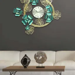 Aapno Rajasthan Golden & Green Metal Leaf Wall Art With Clock-picture-15