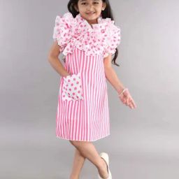 Pink Chick Girls Pink Cotton Striped Casual Dresses-image-54