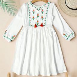 Bella Moda Girls White Cotton Three Fourth Sleeves Floral Embroidered Knee Length Dress-image-97