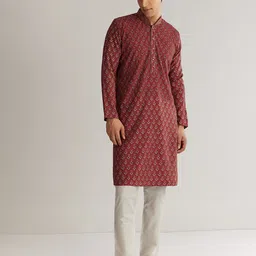 KALKI Fashion Men Floral Printed Regular Raw Silk Kurta with Trousers-picture-42