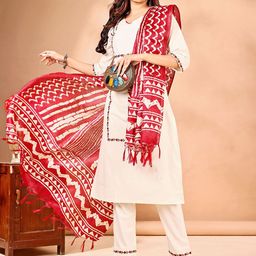 TRAHIMAM Women Floral Embroidered Regular Thread Work Pure Cotton Kurta with Trousers & With Dupatta-picture-57