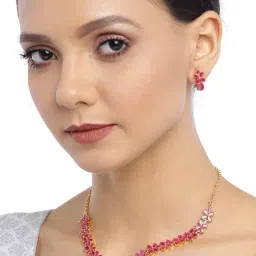 Zaveri Pearls Pink Floral Cubic Zirconia Contemporary Brass Necklace & Earring Set-ZPFK9508-image-51