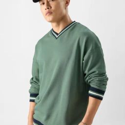 The Souled Store Green Loose Fit Oversized V Neck Sweatshirt-image-52