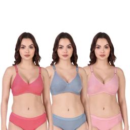 AROUSY Pink & Blue Cotton Bra Panty Set - Pack Of 3-image-62