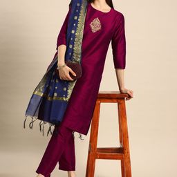 Anouk Women Purple Thread Work Kurta with Trousers & With Dupatta-image-59