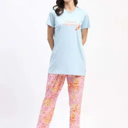 MADAME M Secret Blue & Pink Printed T-Shirt Pyjamas Set-image-96