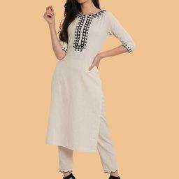 Brownverse Geometric Embroidered Round Neck Regular Straight Kurta With Trouser-image-47