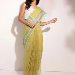 Fabindia Green Cotton Silk Hand Block Printed Sari-image-77