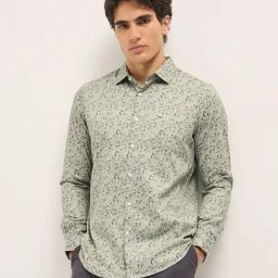 The Bear House Green Cotton Tailored Fit Print Formal Shirt-image-101