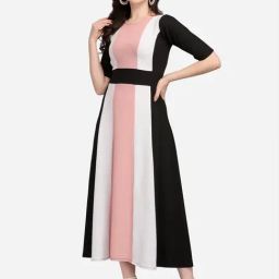 PURVAJA Peach & Black Knitted Color-Block Midi Dress-image-43
