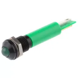 RS PRO Green Panel Mount Indicator 24V DC, Mounting Hole Size 8 mm, Termination Type Faston, Solder Lug, IP Rating IP67, Model No 212200-15