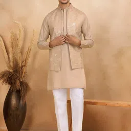 KRAFT INDIA LUXE Men Pure Cotton Embroidered Sequinned Kurta & Trousers With Nehru Jacket-image-37
