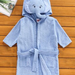 Babyhug Three Fourth Sleeves Elephant Woven Terry Bath Robe - Blue-picture-18