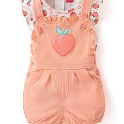 Babyhug 100% Cotton Half Sleeves Inner Tee with Dungaree With Fruits Embroidery - Pink & White-image-79