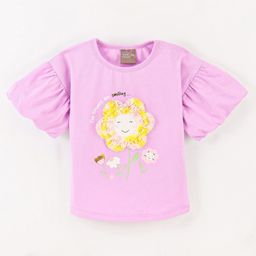 Little Kangaroos Cotton Lycra Half Sleeves Drop Shoulder Top Floral Print with Applique - Pink-image-68
