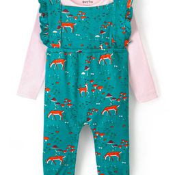 Bonfino 100% Cotton Knit Deer Print Dungaree & Full Sleeves Solid Inner Tee Set - Green & Pink-image-92