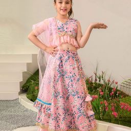 Pspeaches Sleeveless Floral Motif Printed Frilled Detailed Lehenga Choli With Dupatta - Pink-image-75