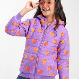 Pine Kids Full Sleeves Hooded Heart Printed Heavy Winter Jacket - Purple-image-33