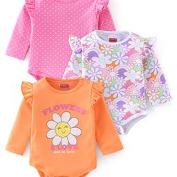 Babyhug 100% Cotton Full Sleeves Onesies With Floral Print Pack Of 3 - Pink White & Orange-image-7