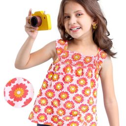 Babyhug Cotton Knit Sleeveless Top with Smocking & Floral Print - White-image-79
