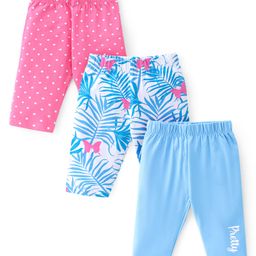 Babyhug Cotton Lycra Three Fourth Length Legging Polka Dot & Leaf Print Pack Of 3 - Blue White & Pink-image-3