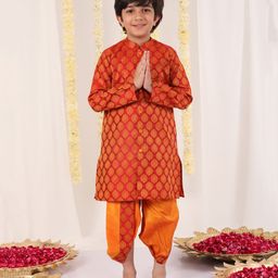 Vastramay Full Sleeves Abstract Motif Design Printed Coordinating Kurta & Dhoti Set - Red & Orange-picture-5