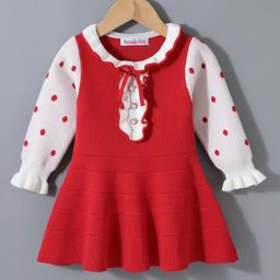 Kookie Kids Full Sleeves Winter Frock Polka Dots Print with Frill Detailing - Red-image-51