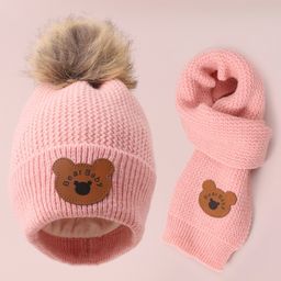 Babyhug Woollen Cap & Scarf with Bear Patch & Pom Pom - Pink-picture-15