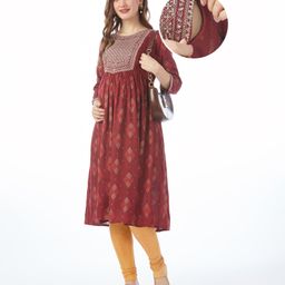 Bella Mama Woven Three Fourth Sleeves Printed Maternity Kurta With Embroidered Yoke & Pocket- Maroon-picture-28