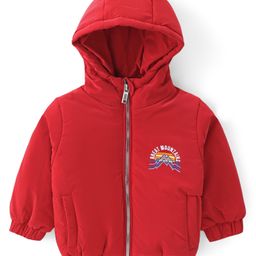 Babyhug Woven Full Sleeves Padded Hooded Jacket with Mountains Embroidery - Red-image-91