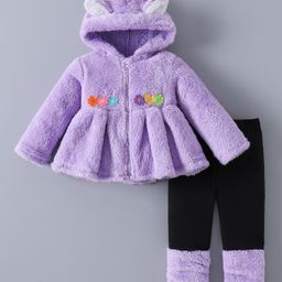 Kookie Kids Full Sleeves Hooded Winter Top & Joggers Set with Floral Embroidery & 3D Applique - Purple-image-82
