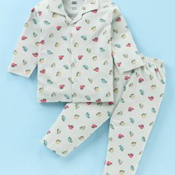 Pink Rabbit Interlock Knit Full Sleeves Collar Neck Front Open Night Suit With Cars Print - Light Grey-image-12
