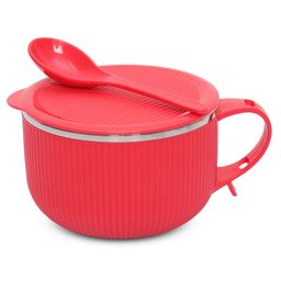Jaypee Plus Stainless Steel Ribtok Meal Bowl Soup Bowl with Lid & Spoon for Every Day - Red-80