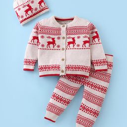 ToffyHouse Cotton Knitted Full Sleeves Front Open Sweater Set With Cap & Deer Design - Off White & Red-10
