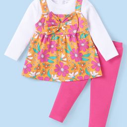 Babyhug Single Jersey Knit Full Sleeves T-Shirt & Floral Print Top Leggings Set - Dark Pink & Yellow-image-68