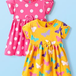 Babyhug Single Jersey Knit Half Sleeves Butterfly & Polka Dot Printed Dresses With Bow Applique Pack of 2 - Dark Pink & Yellow-image-24