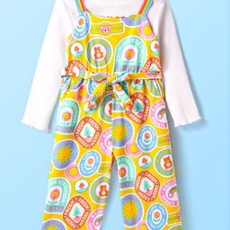 Babyhug Cotton Knit Full Sleeves Solid Topwith Printed Jumpsuit - Mustard-image-1