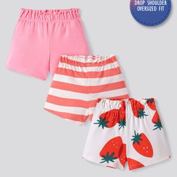 Bonfino 100% Cotton Knit Above Knee Length Shorts With Stripes and Fruit Print Pack of 3 - White & Pink-image-33