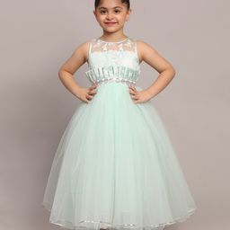 Toy Balloon Kids Net Sleeveless Floral Shaped Lace & Butterfly Shaped Sequins Embellished Dress - Sea Green-image-93