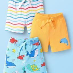 Babyhug Cotton Knit Mid Thigh Shorts with Sea Life Print & Stripes Pack of 3 - Yellow White & Light Blue-image-41