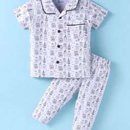 Pink Rabbit Single Jersey Knit Half Sleeves Night Suit with Milk Bottle Print - White-image-88